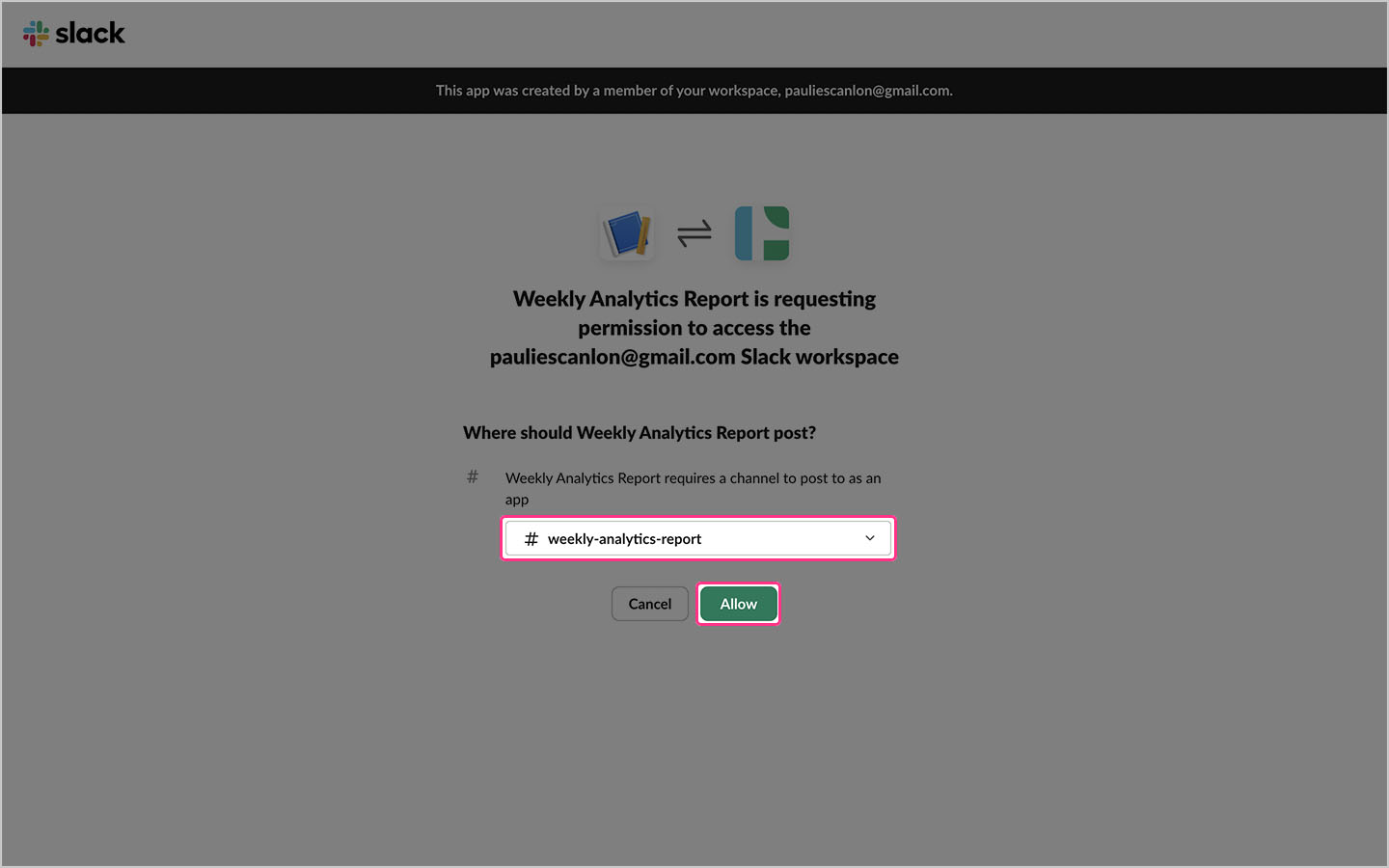 A screenshot with the selected Slack workspace and a channel