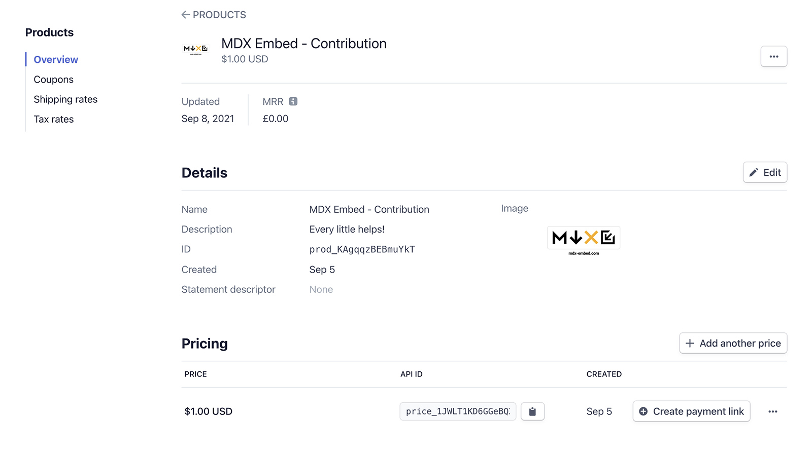 Screenshot of Stripe dashboard with a price of $1.00 for the MDX Embed Product