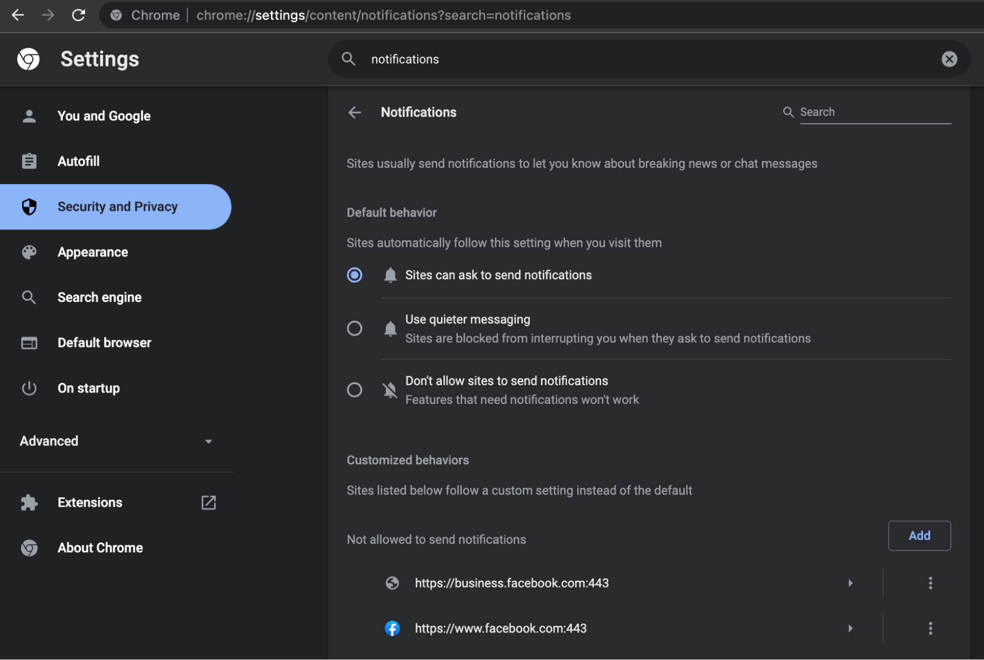 A screenshot of Chrome settings where notifications are on