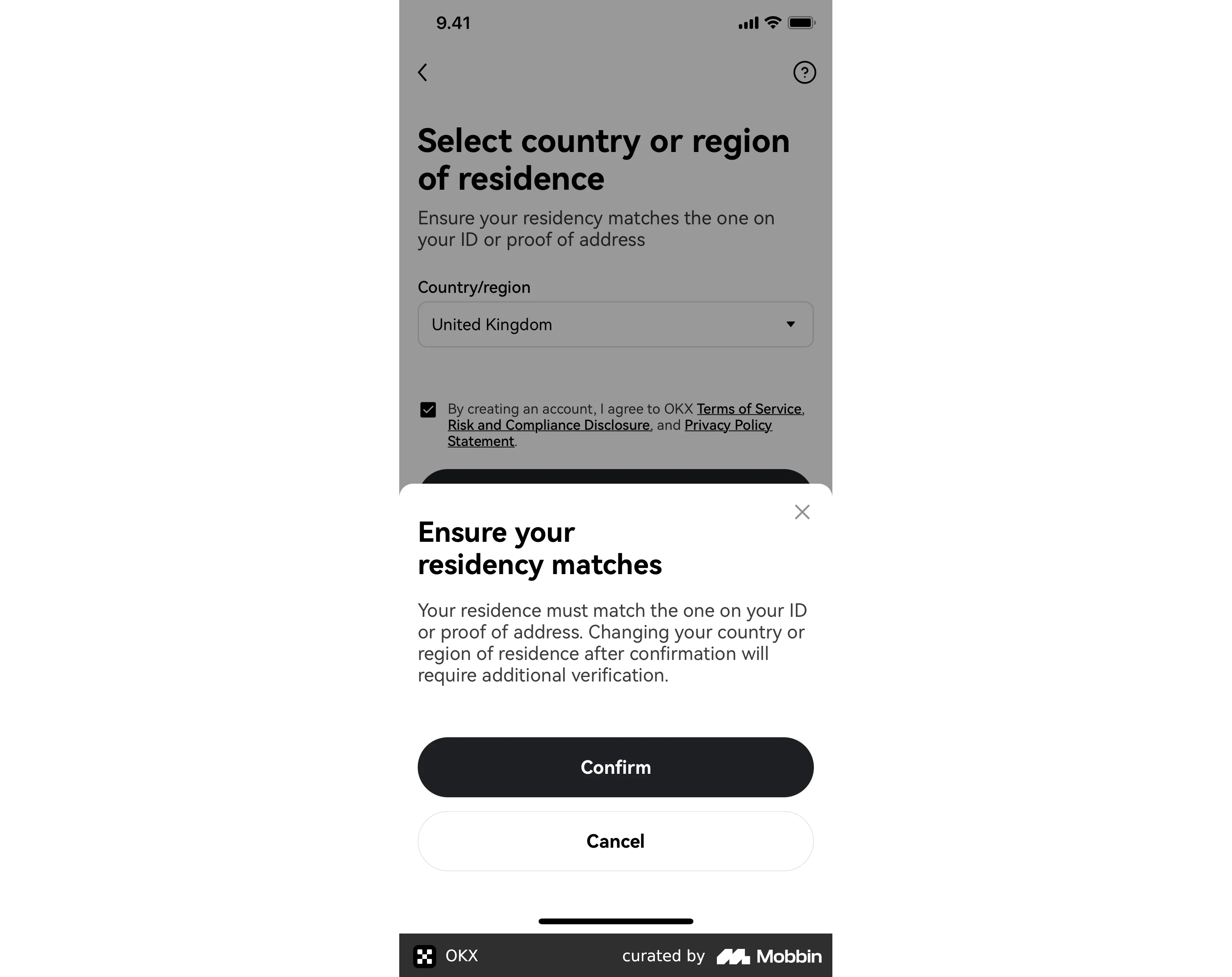 OKX’s “Ensure your residency matches” title