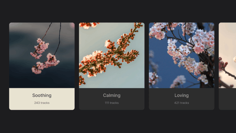 A horizontal row of image cards where one changes its background from dark to light on focus, demonstrating color inversion as a common technique for highlighting selected cards in TV interfaces.