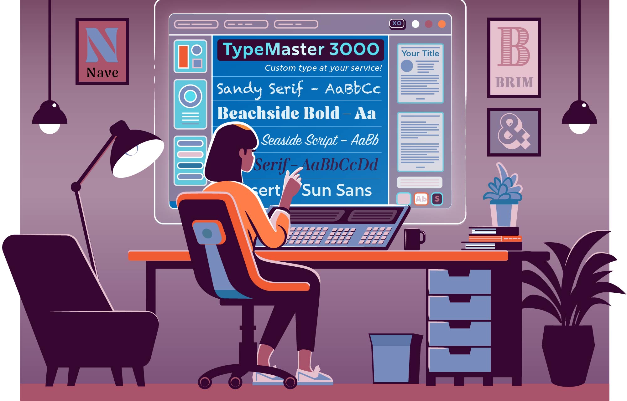 A girl sitting in a workstation, talking to an AI assistant nicknamed TypeMaster3000 and choosing a font on a screen