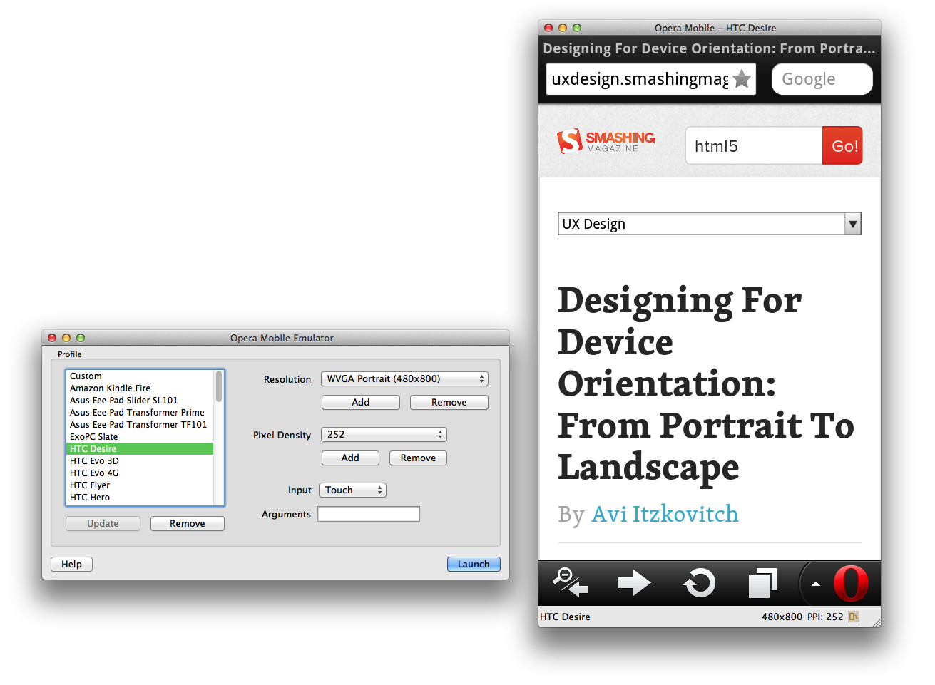 Opera Mobile Emulator Profile Selector and Opera Mobile Instance