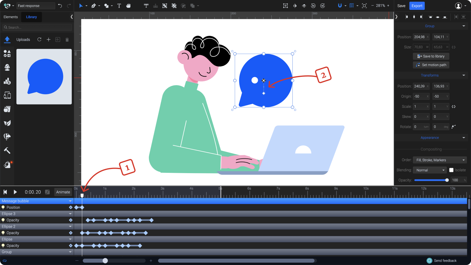 A screenshot showing steps how to animate the message bubble