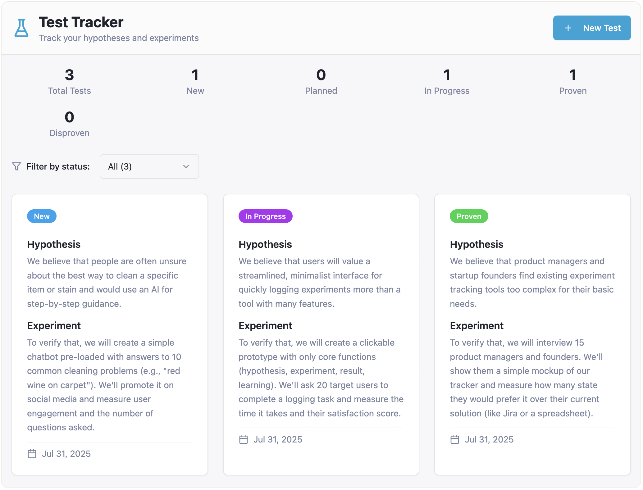 Screenshot of a simple Test Tracker app.