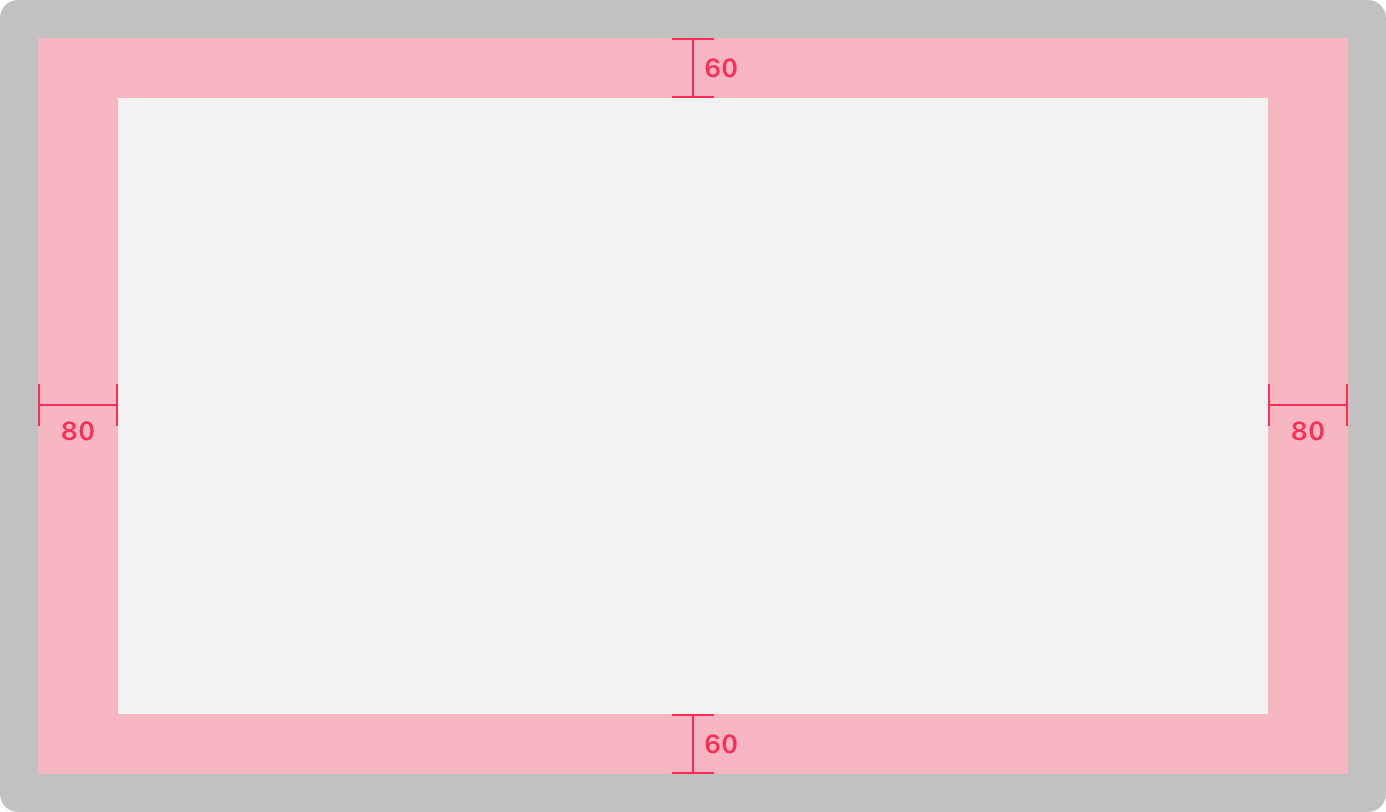 Diagram showing the TV screen safe area. A dark central rectangle represents the usable safe zone, inset by 60 points from the top and bottom and 80 points from the left and right edges. These margins ensure content isn't clipped or hard to see on TVs with overscan.