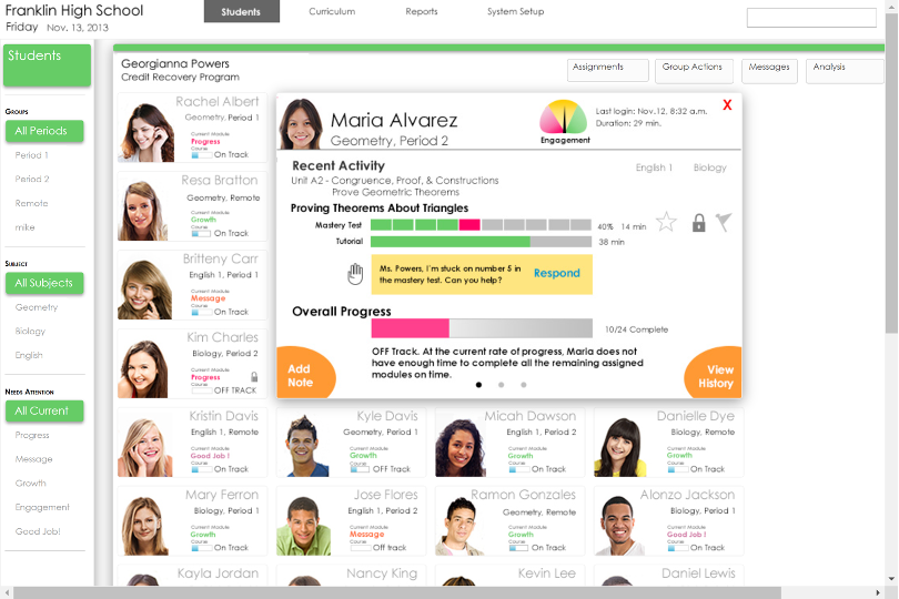 A screenshot of the second level showing a medium card with summary data for one student