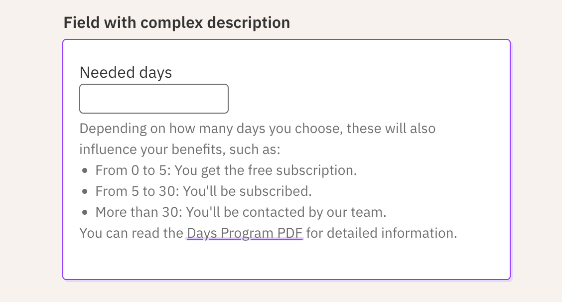 A field with a description that contains a list with three items and link