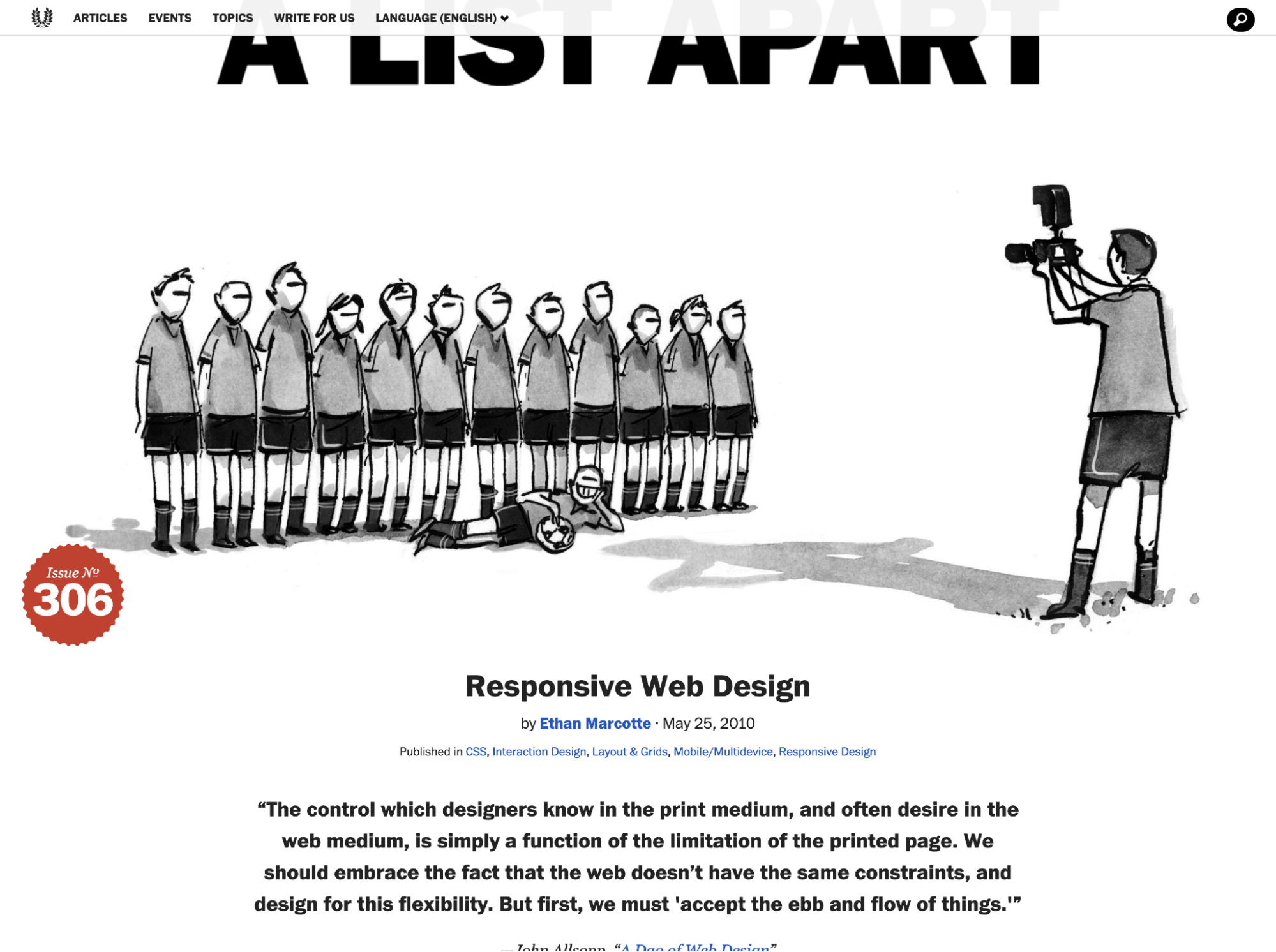 Screenshot of A List Apart website including a hand-sketched illustration of a sports team getting their photo taken
