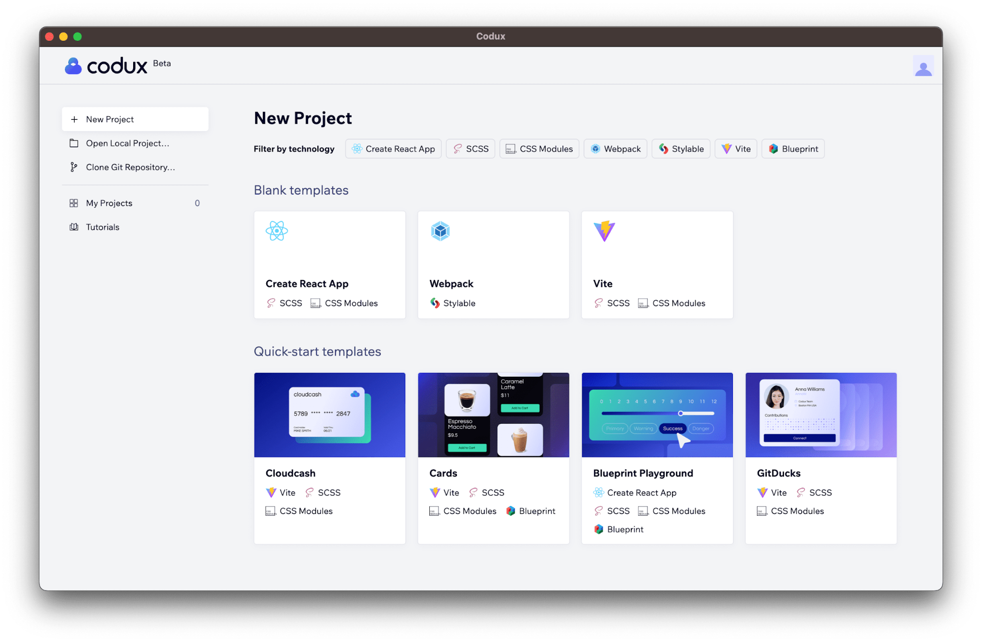 Creating a new project with Codux