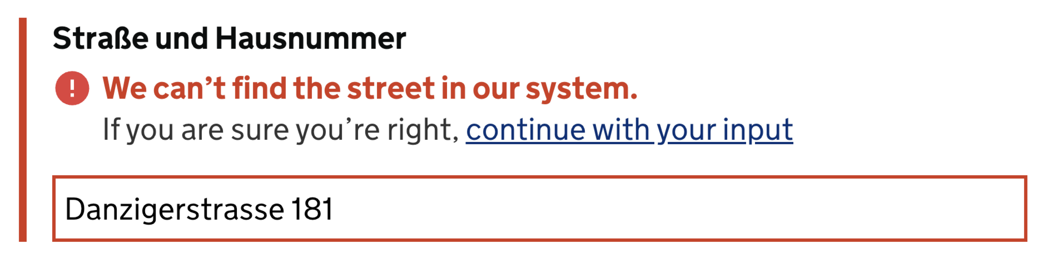 An example of an address validator which allows to override an error message 