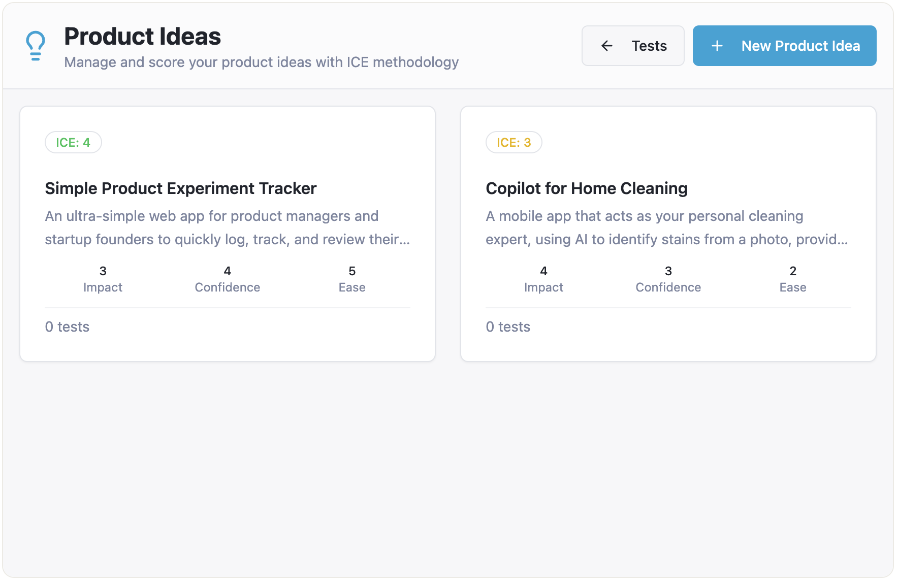 Screenshot of the Product Ideas page with newly created ideas not connected to tests.