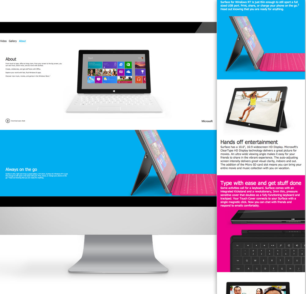 Microsoft’s Surface website falls short on small screens.
