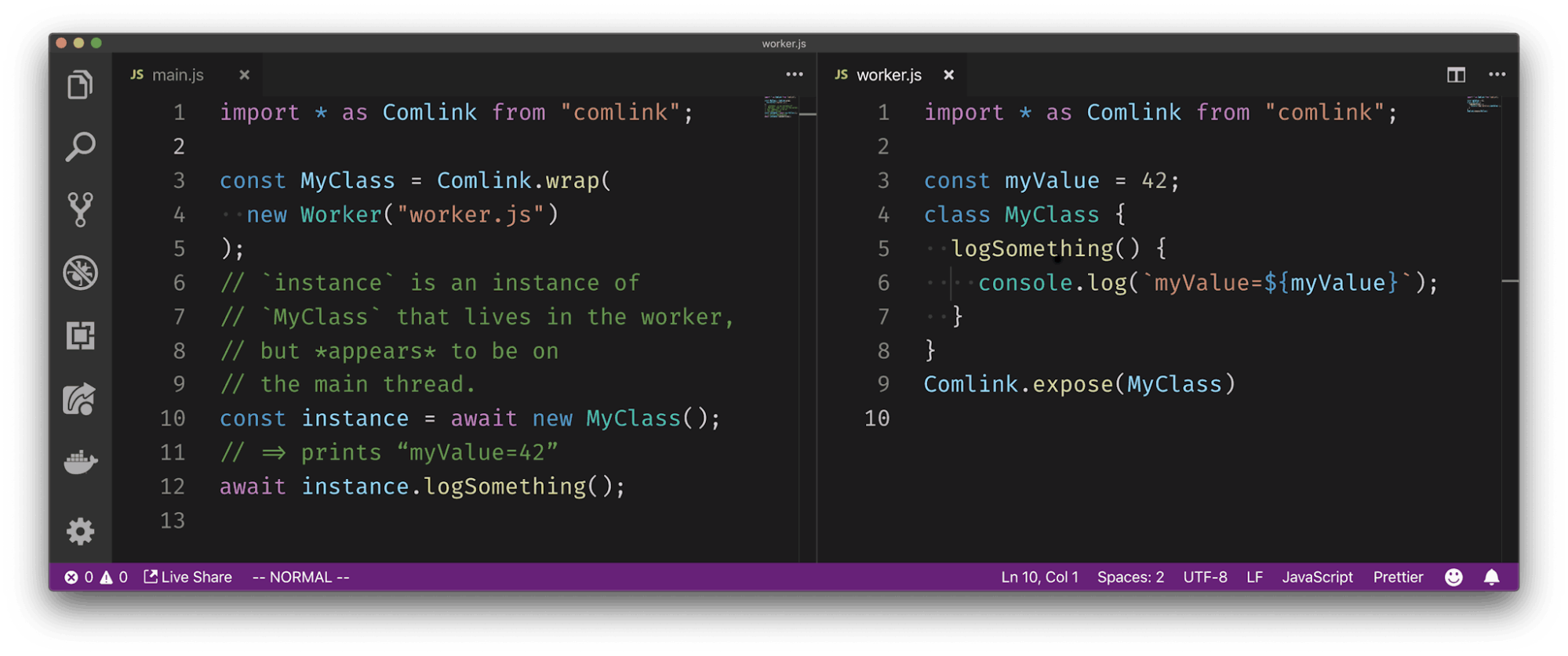 An example of how to use Comlink, taken from Comlink’s README.