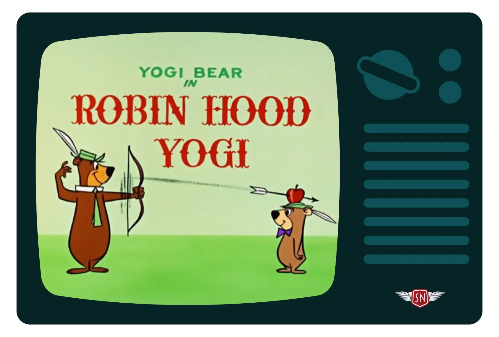 The Yogi Bear Show illustration where Yogi shoots an arrow into an apple on Boo-Boo’s head