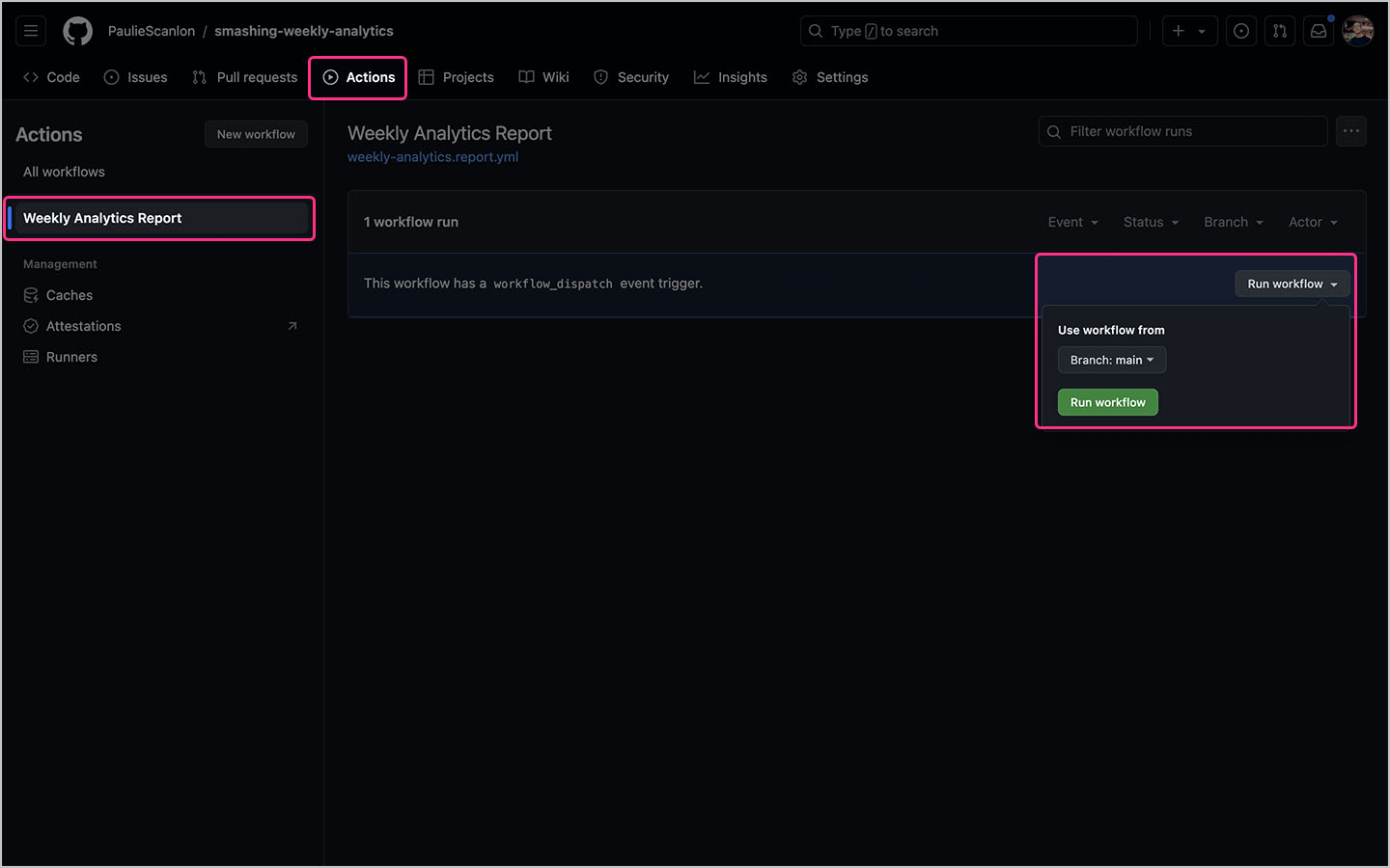 A screenshot of a GitHub repository with a Weekly Analytics Report