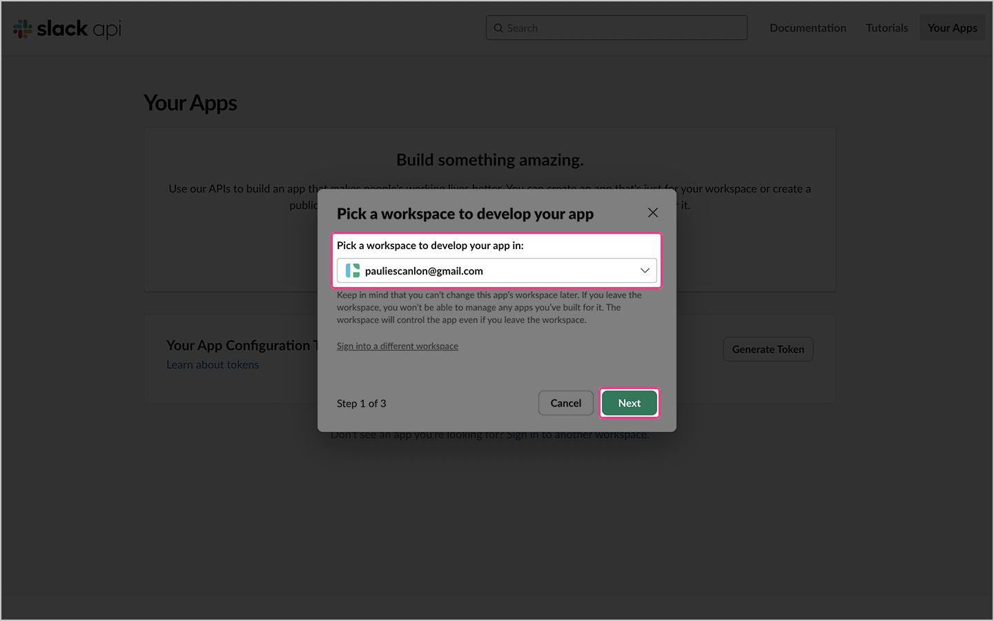 A screenshot of the slack api dashboard with the selected Slack workspace