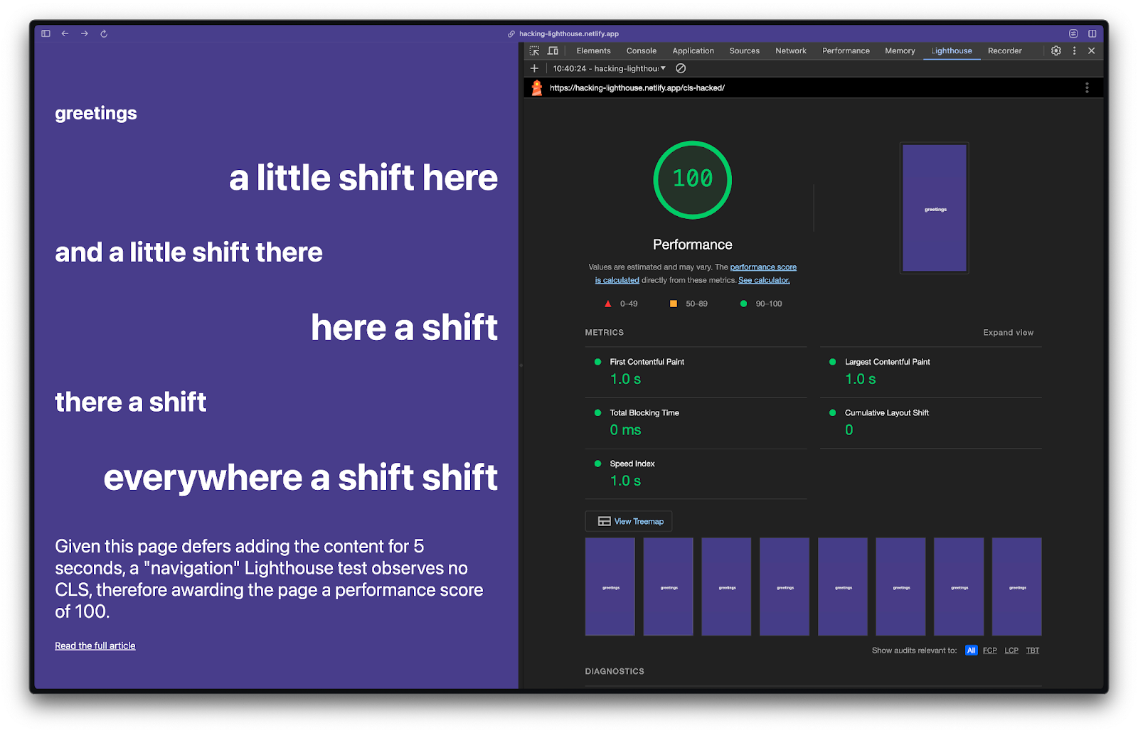 Lighthouse performance score of 100 following the second test.