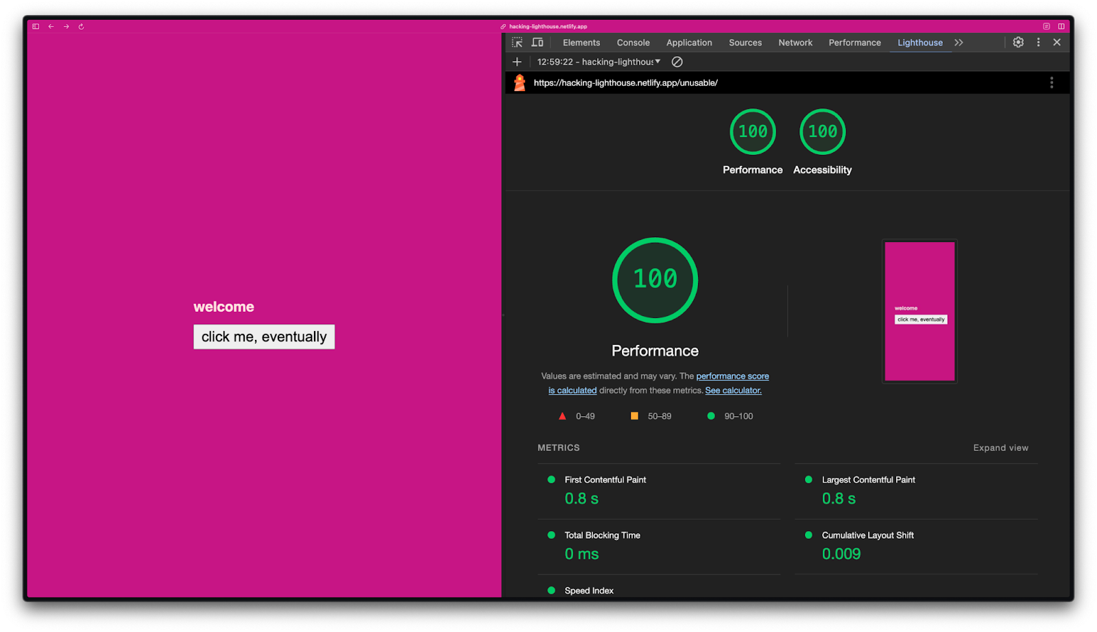 Lighthouse showing perfect performance and accessibility scores for a useless, inaccessible page.