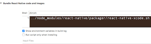Build Phases should have Bundle React Native code and images present.