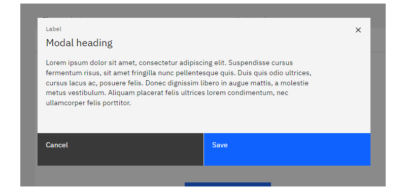 An opened modal with some filler text and two buttons that say Cancel and Save