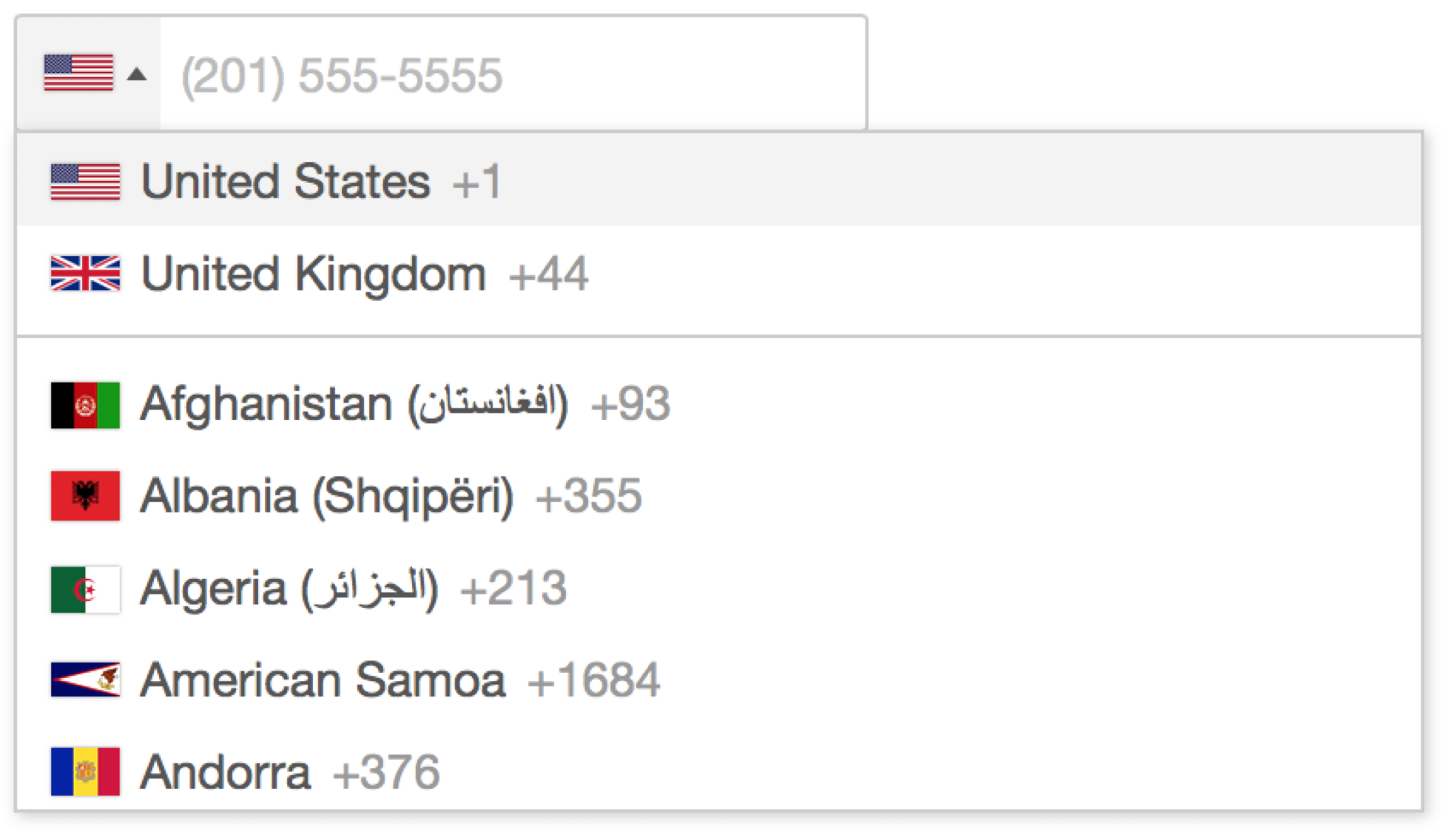 An example of a drop-down menu of telephone code numbers worldwide