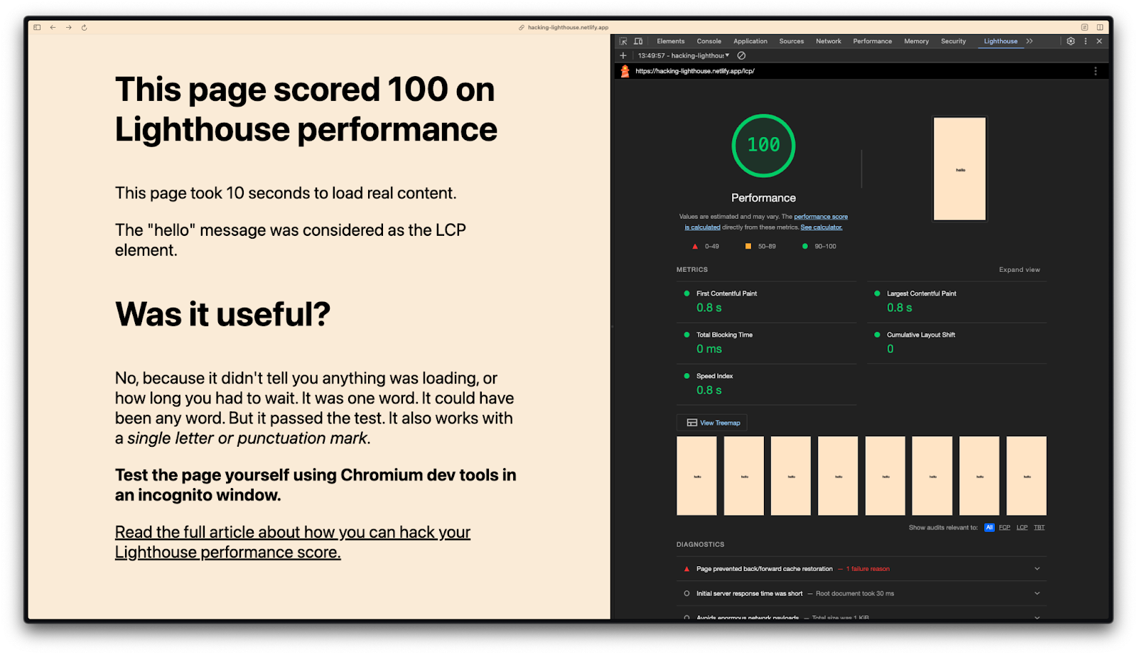 In-browser proof that the non-useful page scored 100 on Lighthouse performance