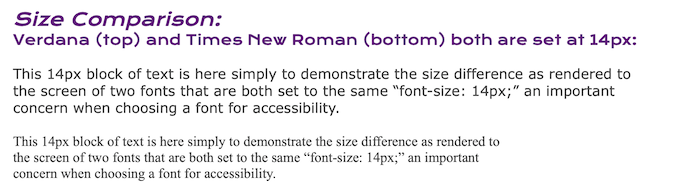 Size comparison between Verdana and Times New Roman