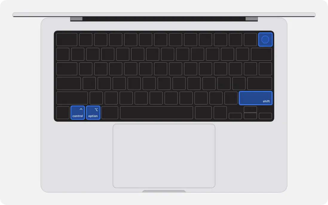 MacBook Pro 鍵盤，顯示了要按的四個按鍵