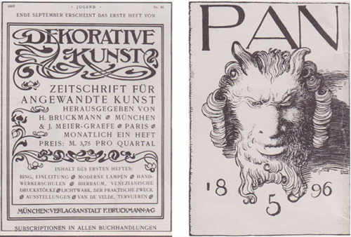 Title pages from German avant-garde publications Dekorative Kunst and Pan, examples of lettering during the Art Nouveau movement.