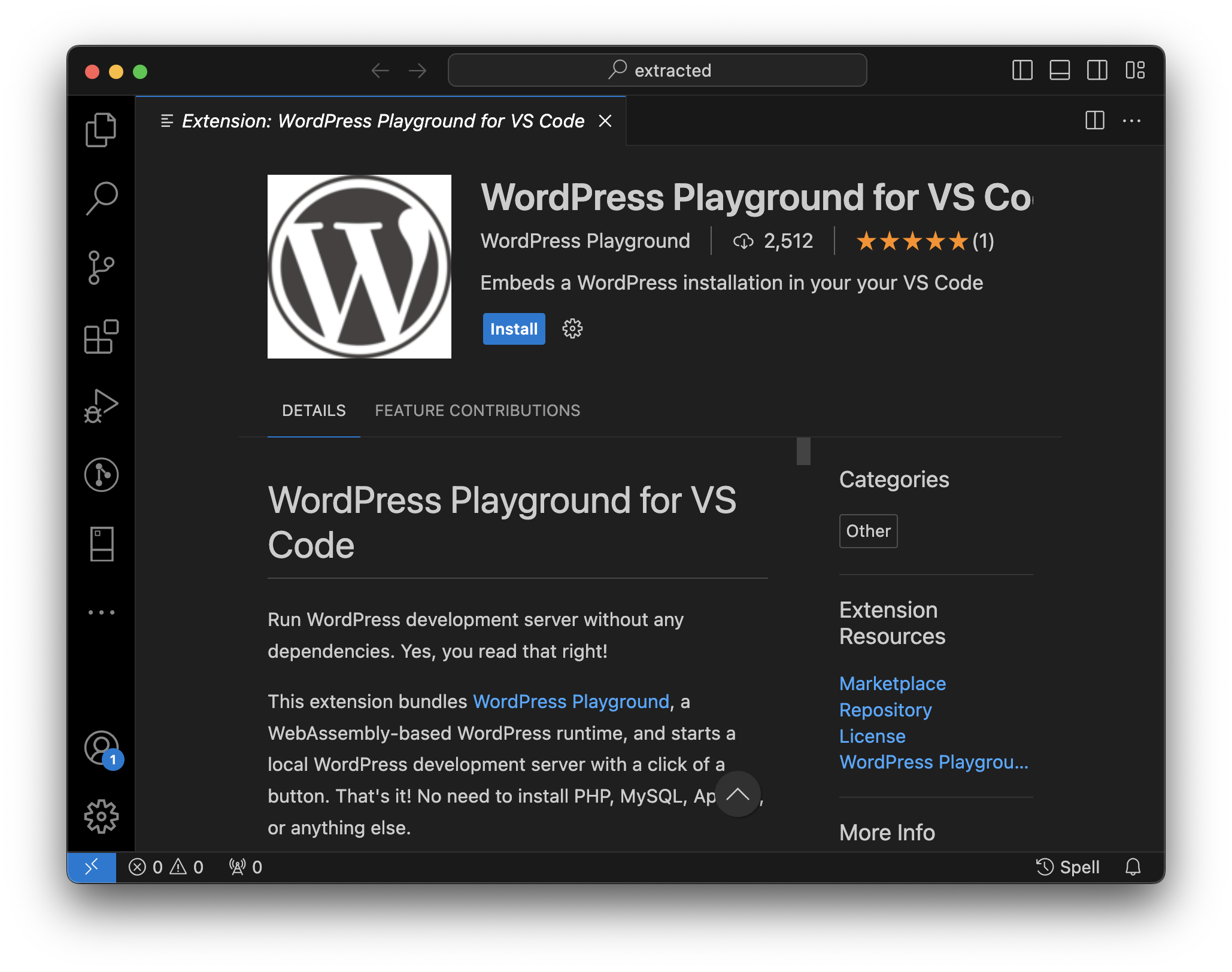 A screenshot of the WordPress Playground as a Visual Studio Code extension
