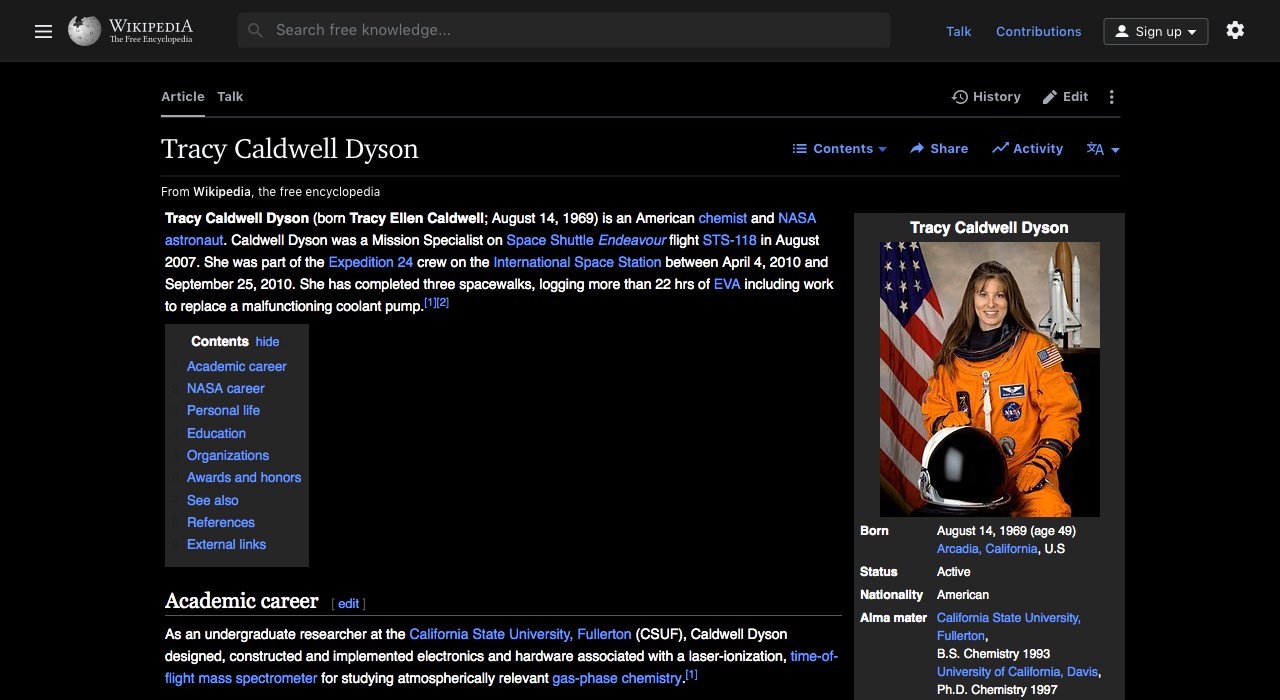 The concept for a dark mode design on a Wikipedia article page