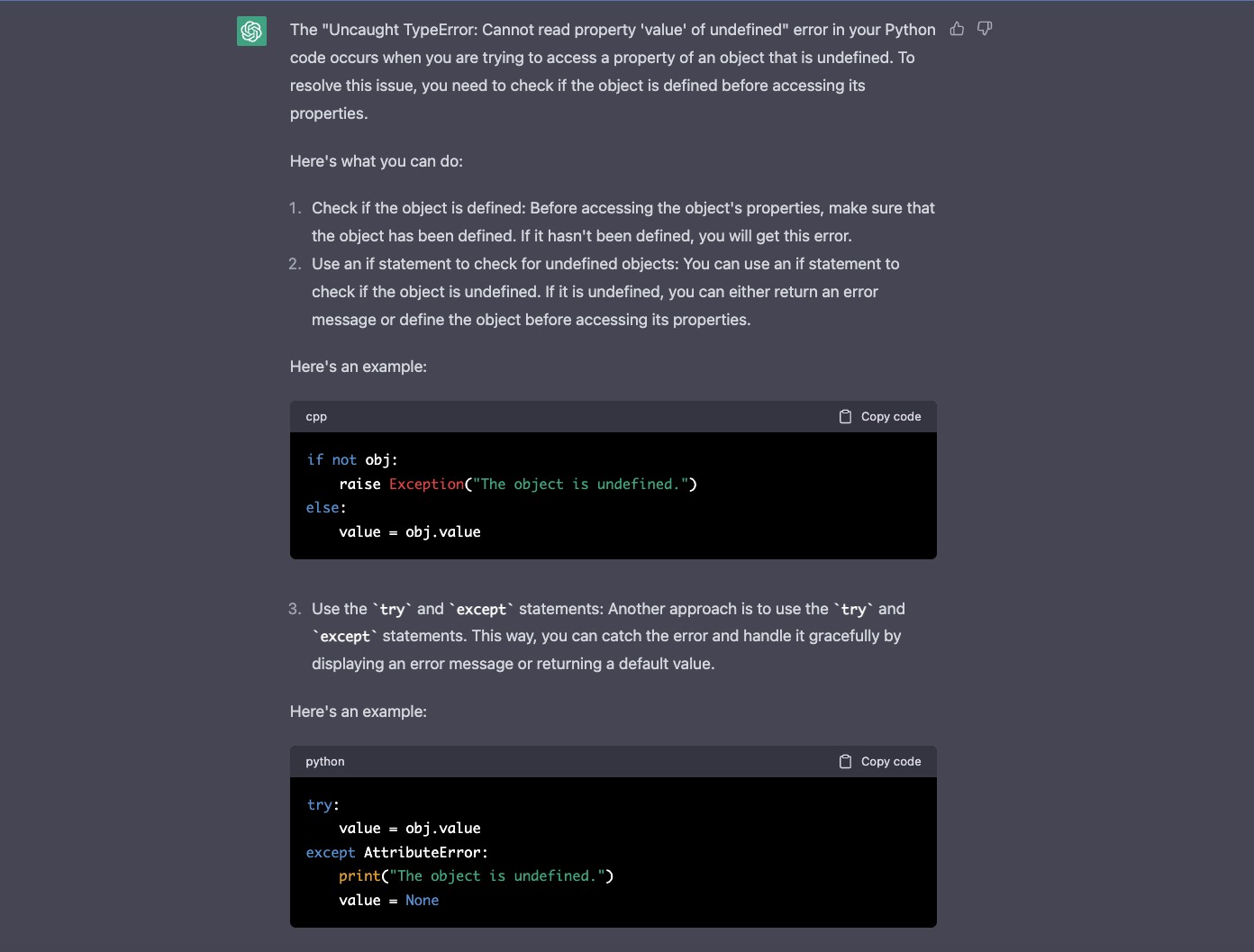 ChatGPT’s response to Uncaught TypeError: Cannot read property value of undefined.
