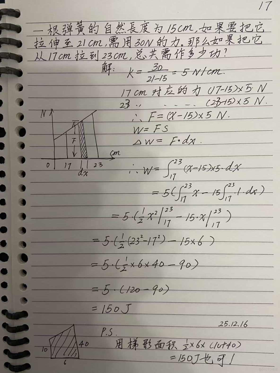 【高中物理/拉伸彈簧做功/微積分】一根彈簧的自然長度為15CM，如果要把它拉伸至21cm需用30N的力。那麼如果把它從17cm拉到23cm，總共需要作多少功？_拉伸