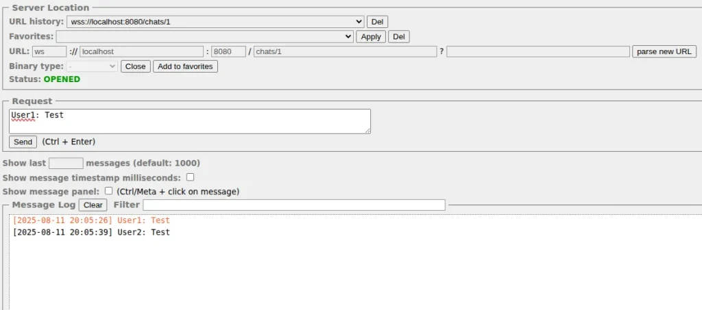 圖片：兩個 WebSocket 客户端交換消息的屏幕截圖