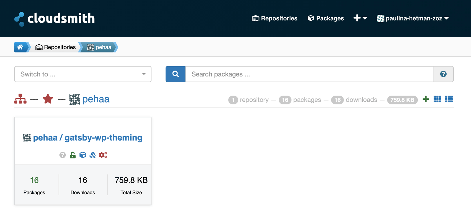 Screenshot of the Cloudsmith app interface with the list of repositories containing pehaa/gatsby-wp-theming.