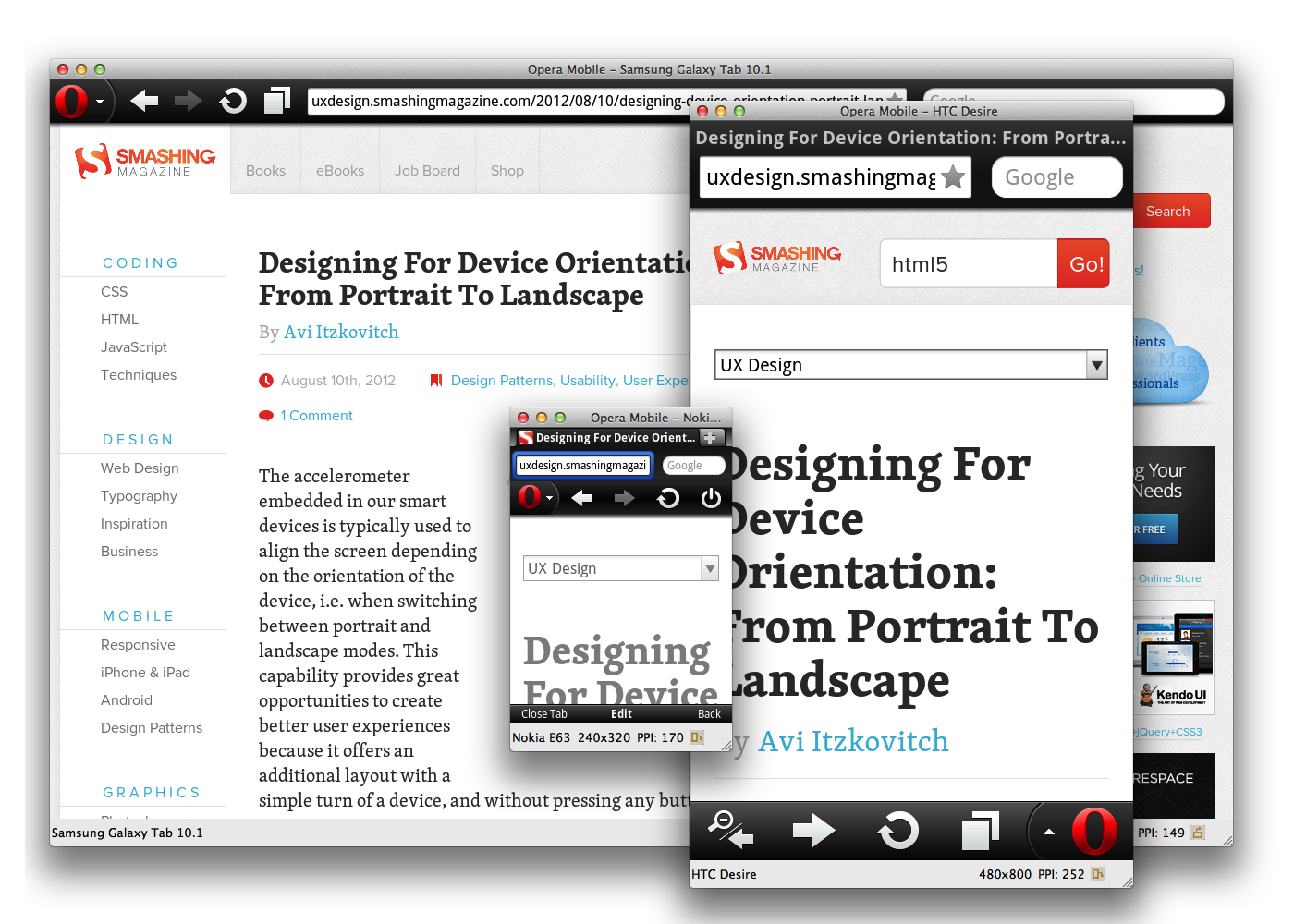 Opera Mobile instances with tablet, touch and keypad input