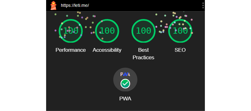 Perfect Lighthouse scores of 100% for performance, accessibility, best practices, and SEO.