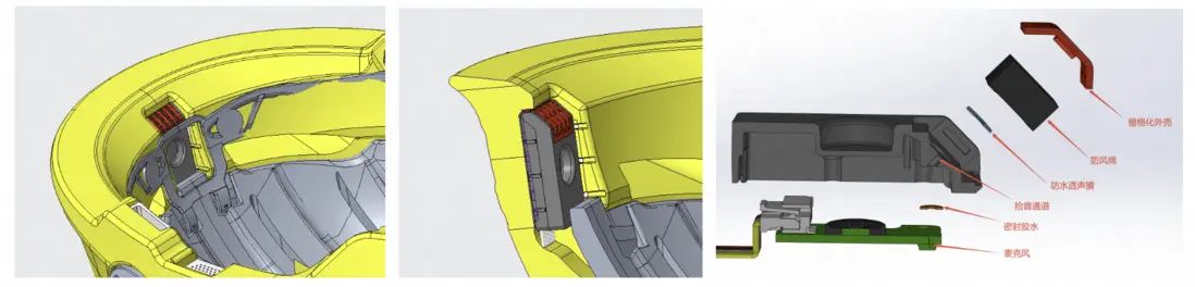 36°傾斜角收聲孔+柵格化外殼設計+高密度海綿物理降噪方案