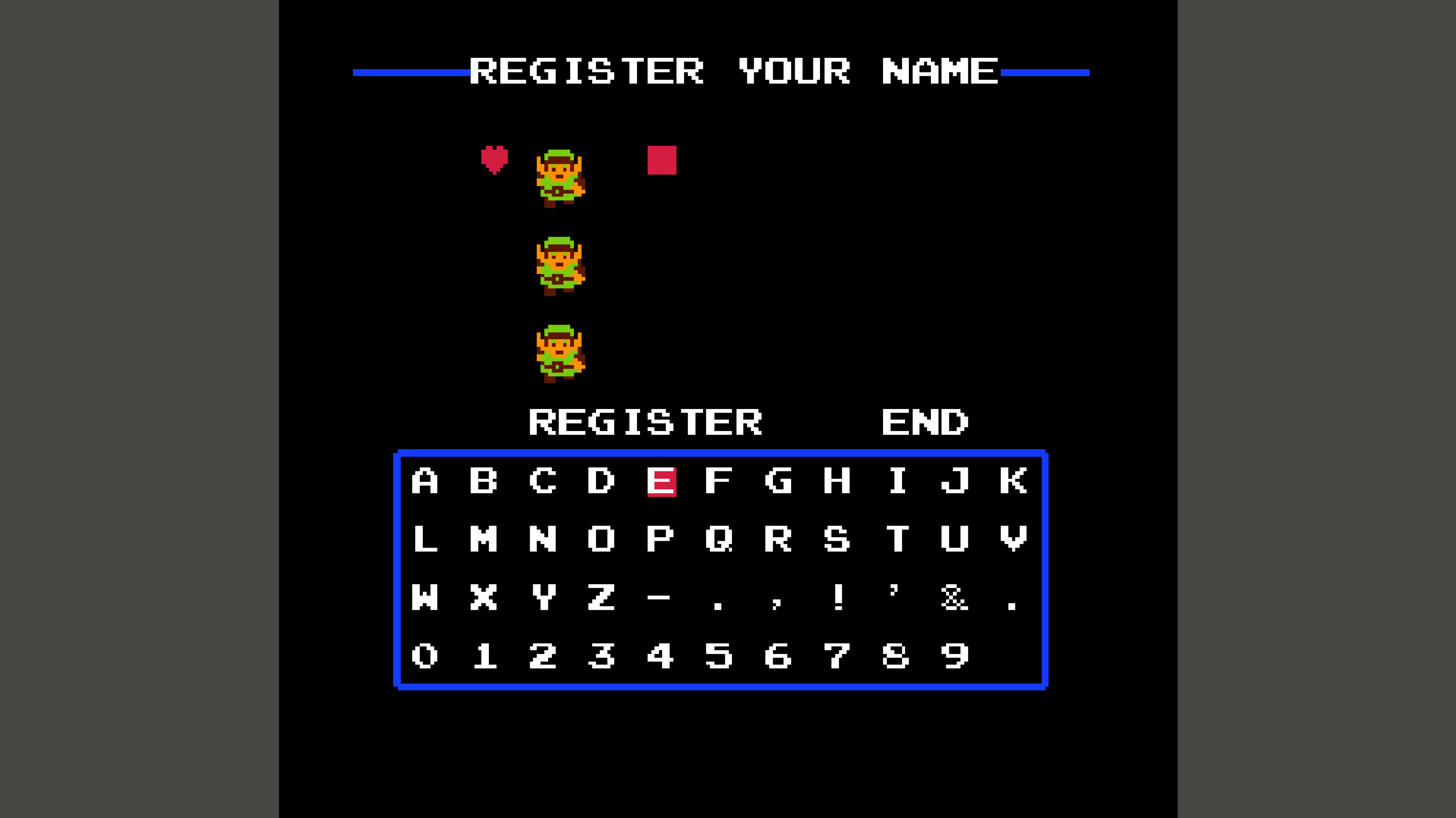 Name registration screen from the 1986 game 'The Legend of Zelda' featuring an early on-screen keyboard. The interface has a black background with white pixelated text and a blue selection box. Three small pixel-art Link characters are displayed, with one highlighted by a red cursor. Below them, an alphabetic and numeric character selection grid is presented, allowing players to input a name.