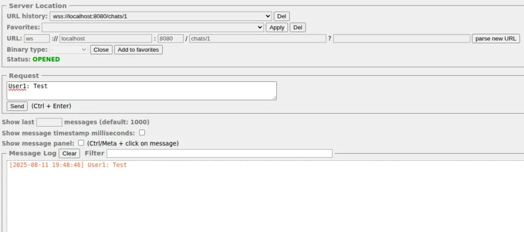 圖片：兩個 WebSocket 客户端交換消息的屏幕截圖