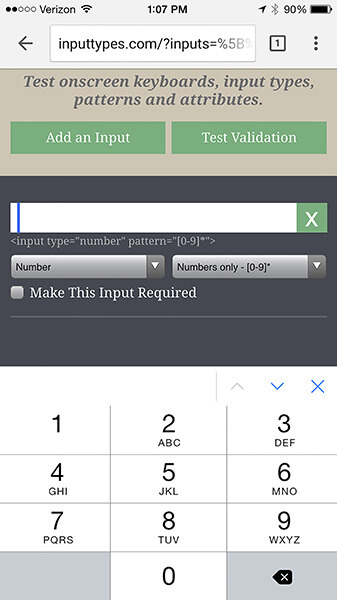 Setting the pattern attribute to [0-9]* prompts iOS to display a number pad.