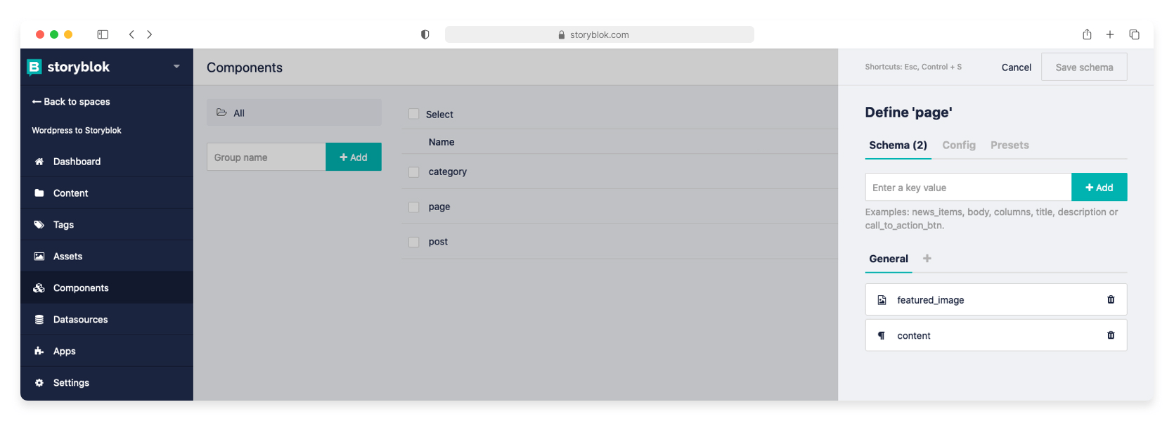 Content Type Page fields definition in Storyblok Components section.
