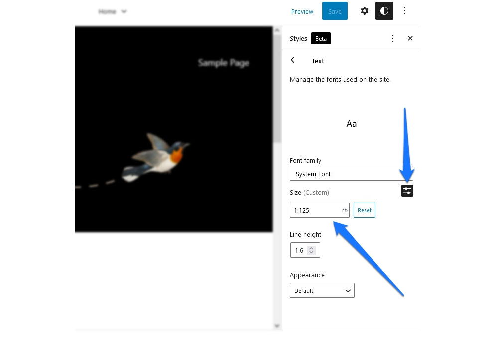 A screenshot of WordPress Full-Site Editing typography