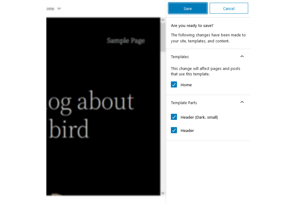 A screenshot of the Save button for saving changes in templates and template parts