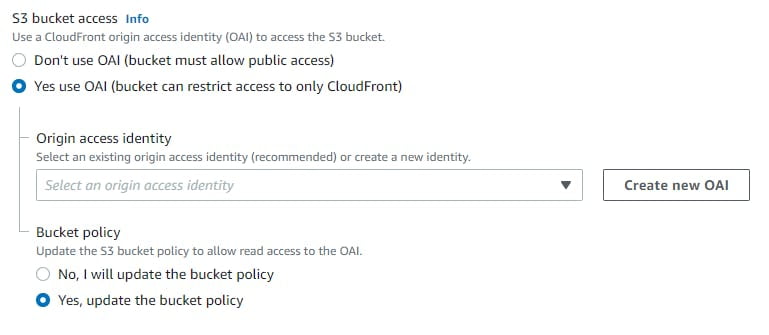 Cloudfront Distribution Configuration screen showing a suggested selection to create an AWS S3 Bucket