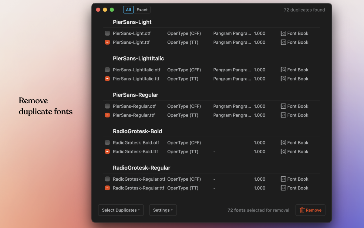 Typeface’s feature to remove duplicate fonts