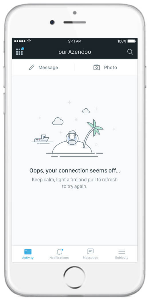 A funny Azendoo error message saying Keep Calm and light a fire