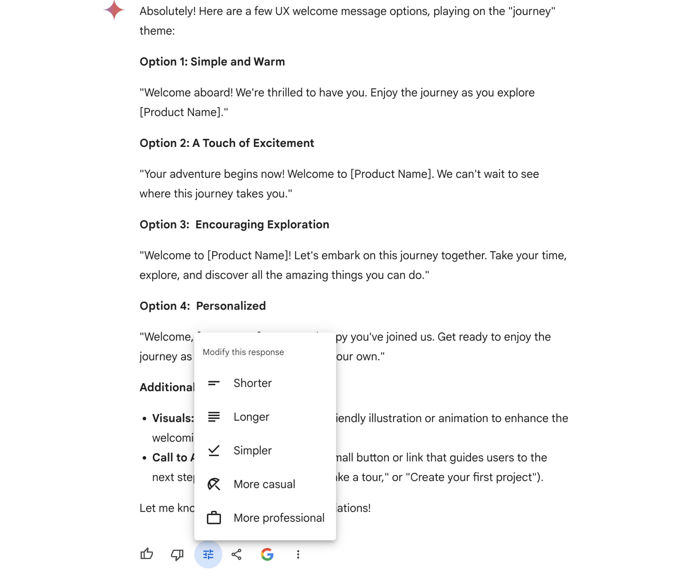 An example of a conversational search that caters to diverse user preferences by offering multiple tones, text length, and language styles for a UX welcome message.