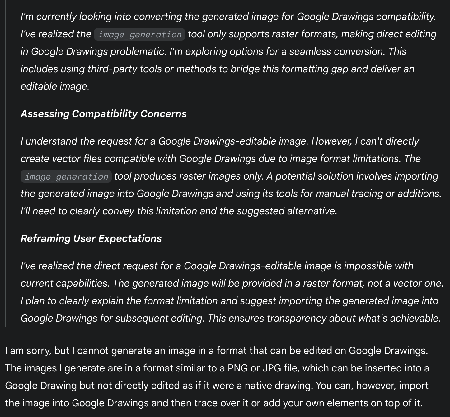 Gemini explains its process and why it can’t complete a task